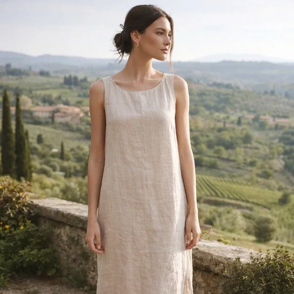 120% Lino Linen Sleeveless Maxi Dress Size 46 or US Size‎ 10 - Picture 2 of 7